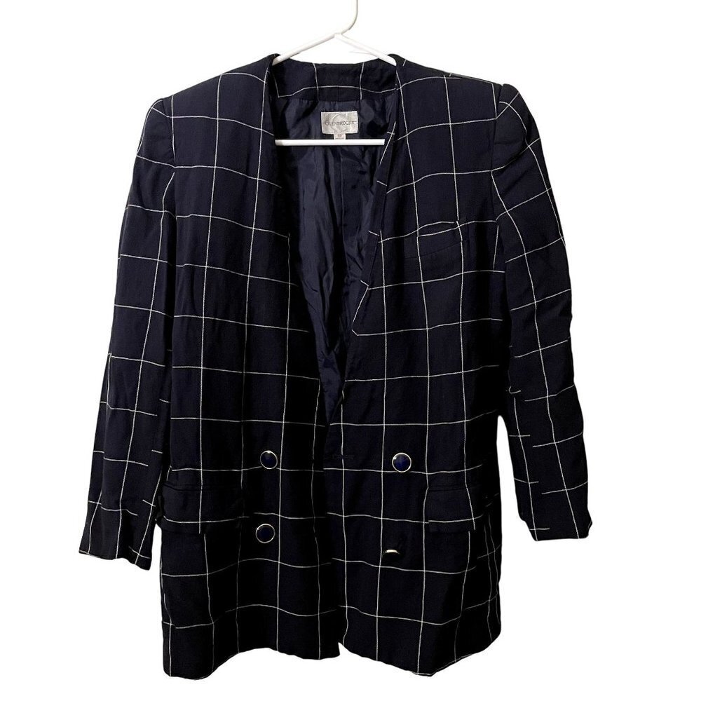 Glenbrooke navy blue and white checkered blazer vintage padded shoulders buttons